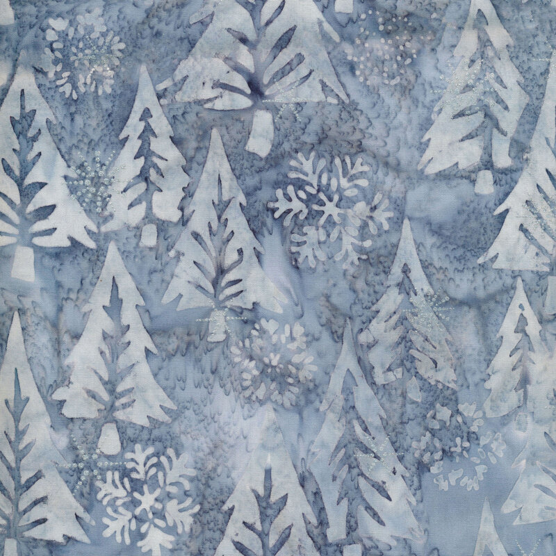 Gray blue marbled batik fabric with large pine trees and snowflakes with silver metallic accents