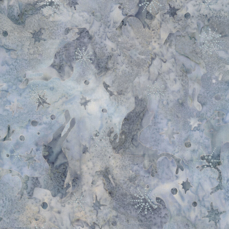Gray blue marbled batik fabric with gray jumping caribou and snowflakes with silver metallic accents