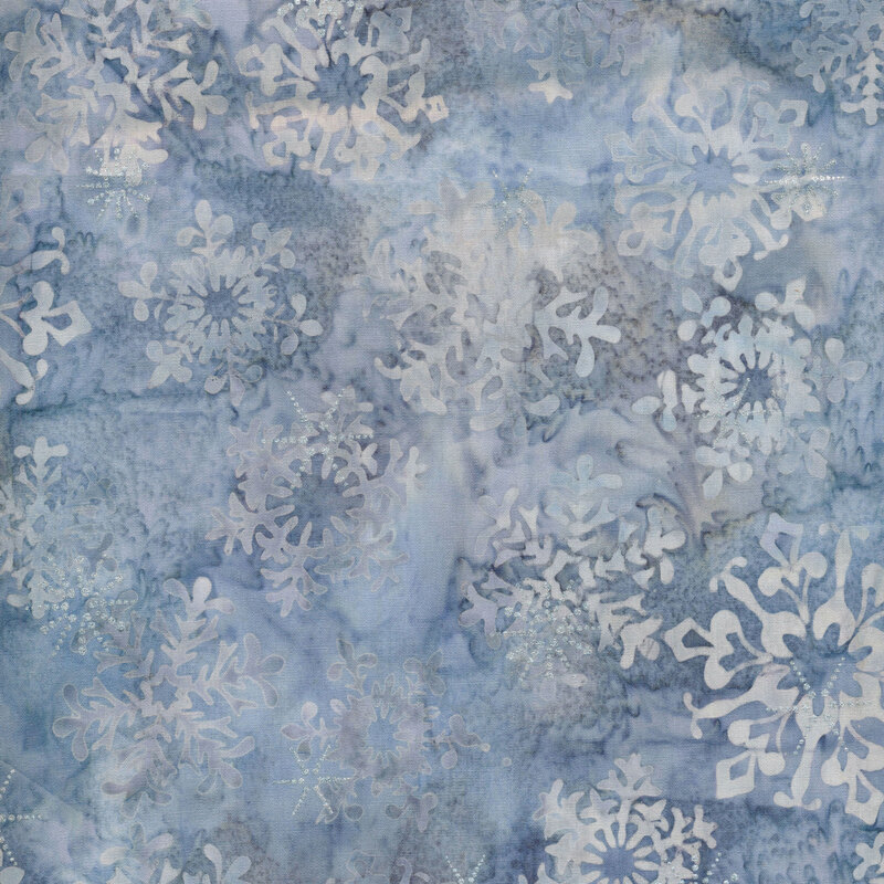 Gray blue marbled batik fabric with large snowflakes and silver metallic accents