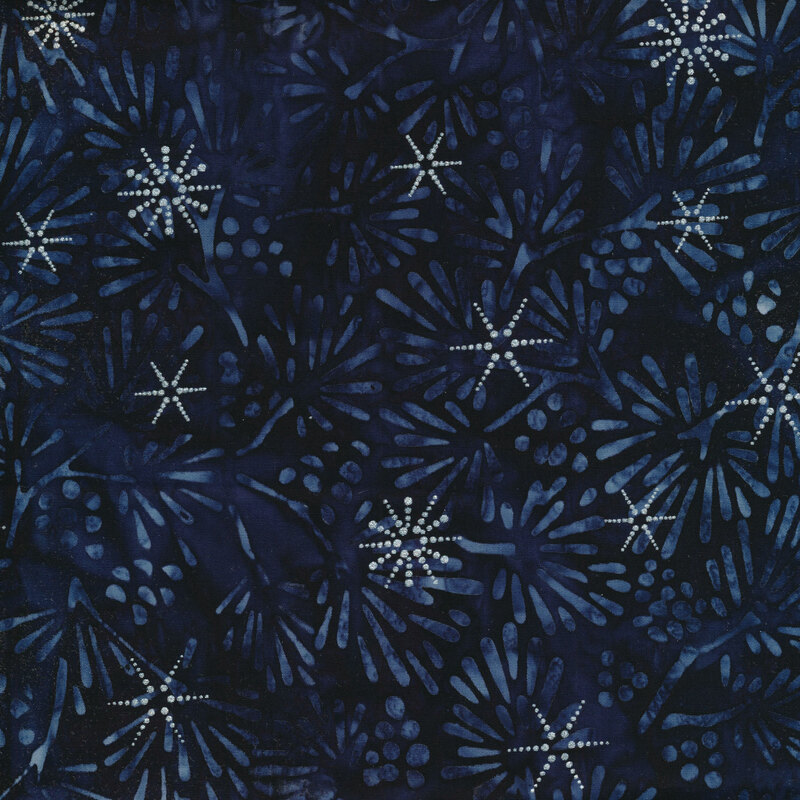 Dark midnight blue batik fabric with tonal blue pine sprigs and silver metallic accents
