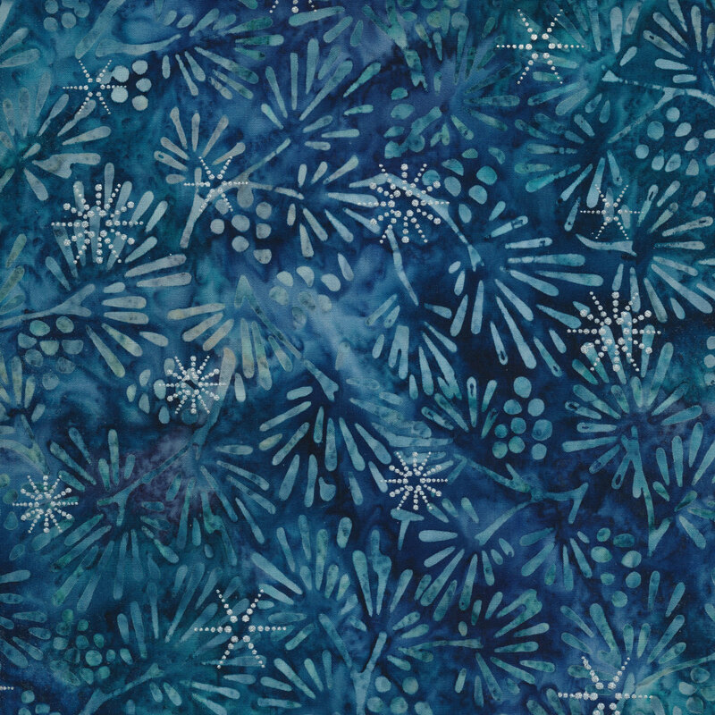 Dark blue batik fabric with tonal blue pine sprigs and silver metallic accents