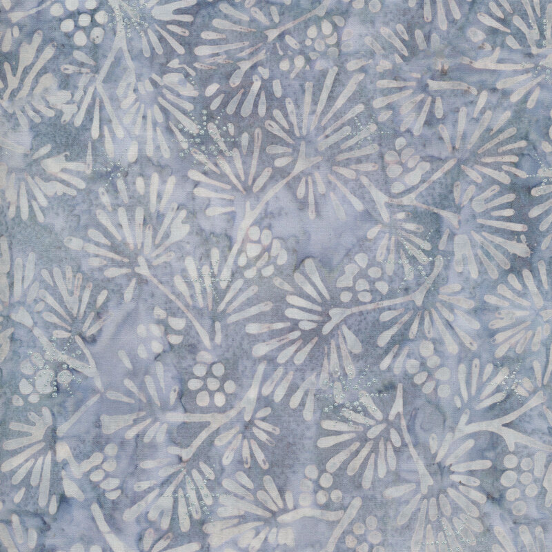 Gray blue batik fabric with tonal pine sprigs and silver metallic accents