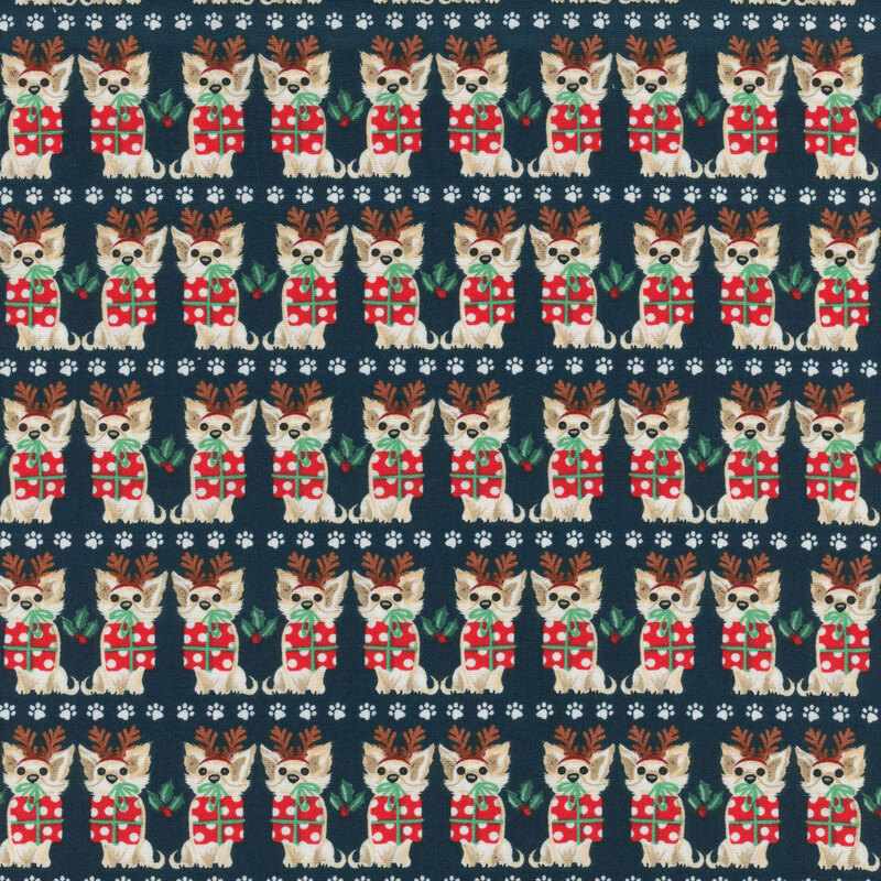 Solid navy blue fabric with rows of small dogs holding Christmas gifts