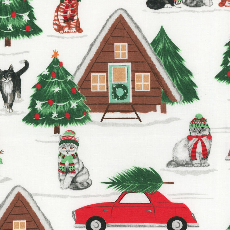White fabric with Christmas cats, cars with pine trees, log cabins, and Christmas trees