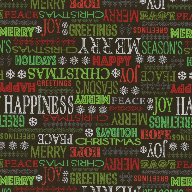 Black fabric with Christmas phrases all over
