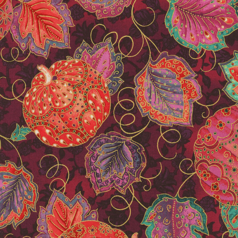 Bright purple fabric with decorative red pumpkins and teal leaves on curling vines in the foreground