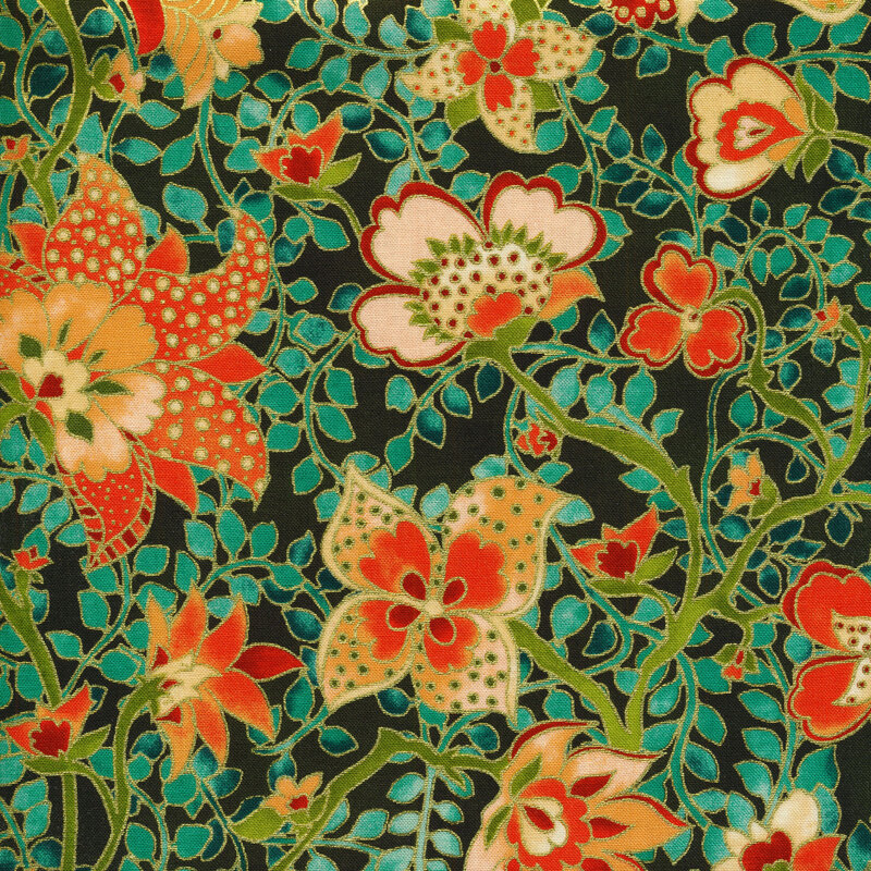 Dark green fabric covered with teal and green leaves and vines with coral flowers