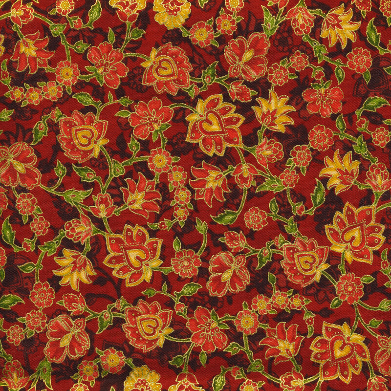 Bright red fabric with darker tonal leaves behind green vines and red flowers with yellow accents