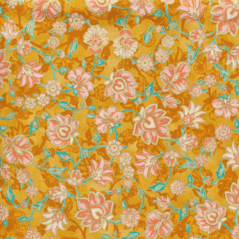 Bright yellow fabric with darker tonal leaves behind aqua vines and pink flowers with cream accents