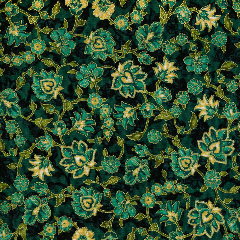 Dark teal fabric with darker tonal leaves behind green vines and aqua flowers with cream accents