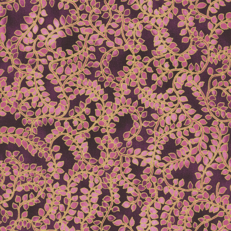 Dark purple fabric with winding gold vines covered in small pink almond shaped leaves