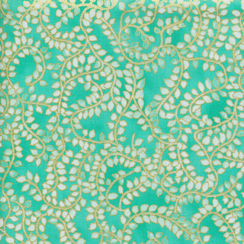 Bright aqua fabric with winding gold vines covered in small cream almond shaped leaves
