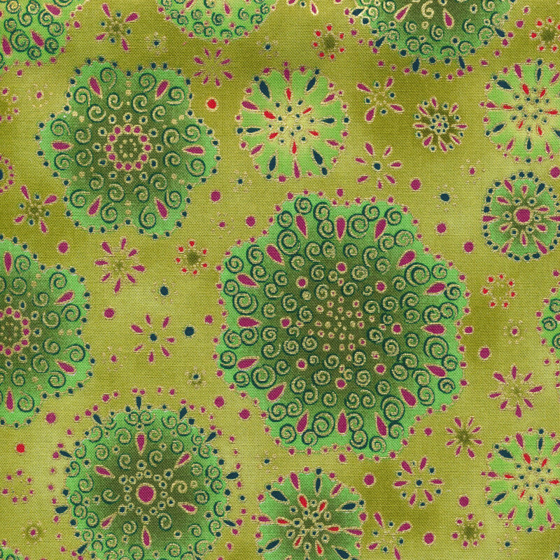 green fabric with ornate flower shapes in varying sizes and shades of green with gold and pink accents