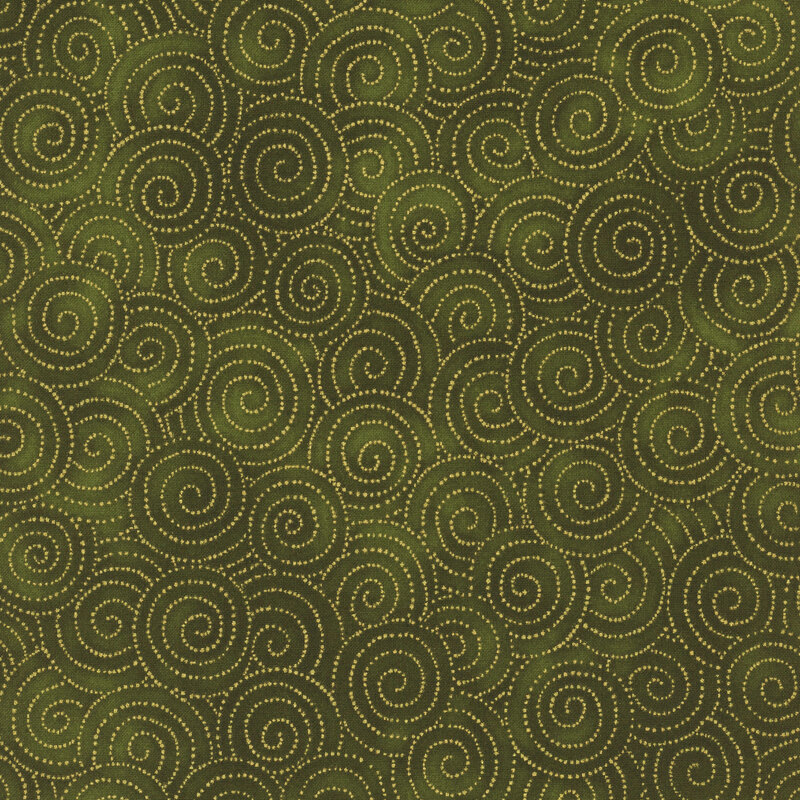 Mottled green fabric with circular swirls made up of tiny gold dots
