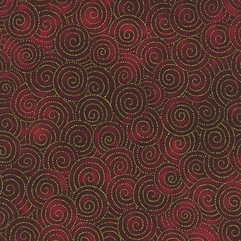 Mottled wine fabric with circular swirls made up of tiny gold dots