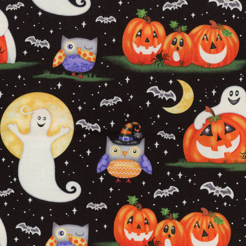 Smiling ghosts, jack-o-lanterns, Halloween owns, bats, and crescent moons all over a solid black background