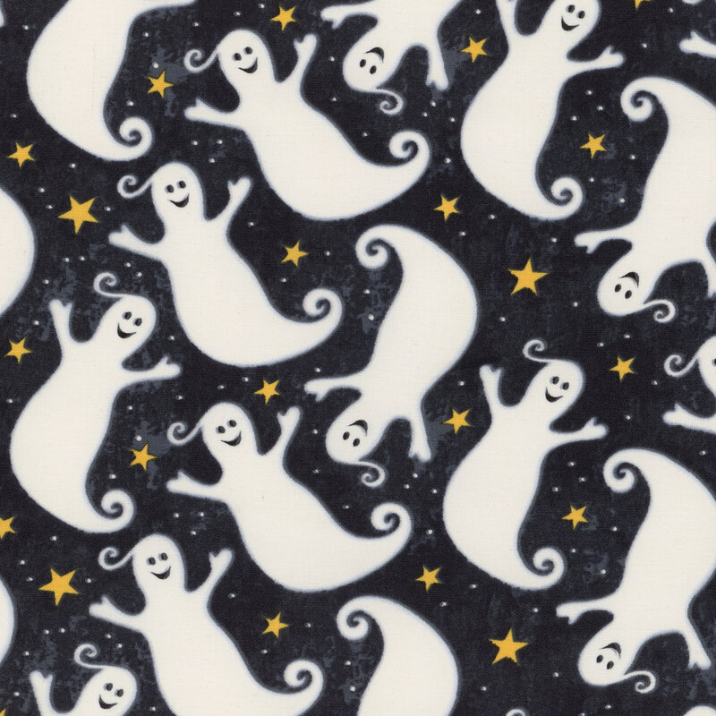 Smiling ghosts and yellow stars on a black background