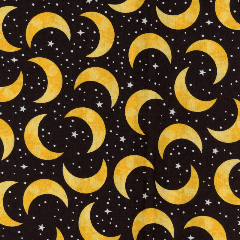 Small yellow crescent moons all over a black background