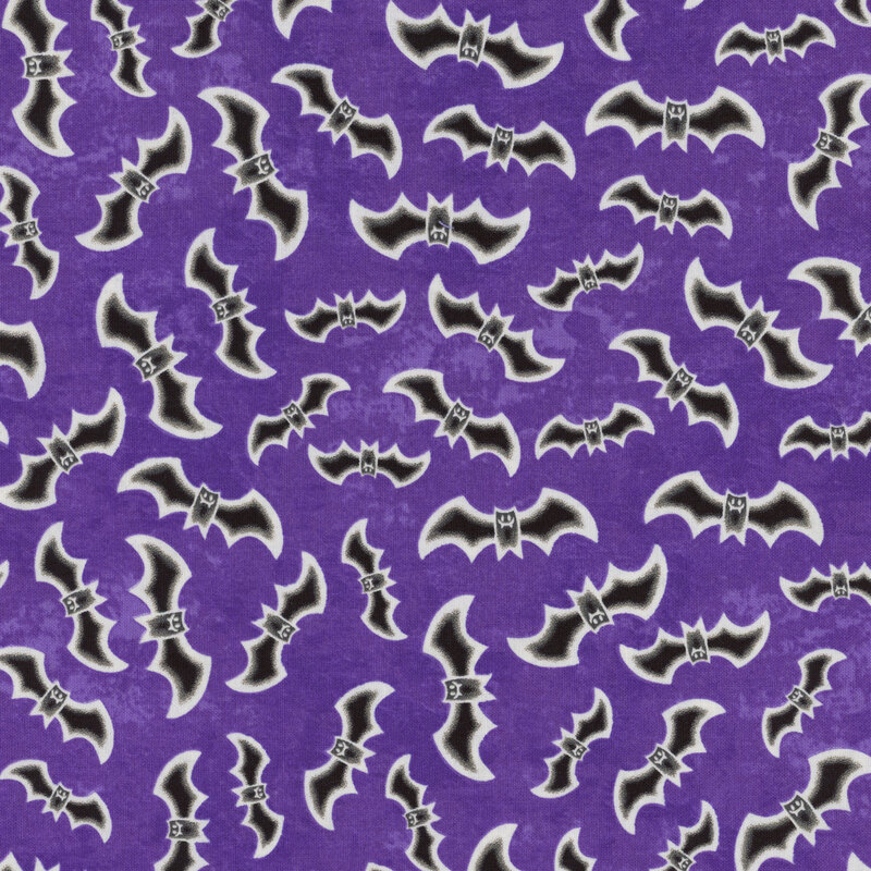 Tossed black bats with white outlines all over a purple background