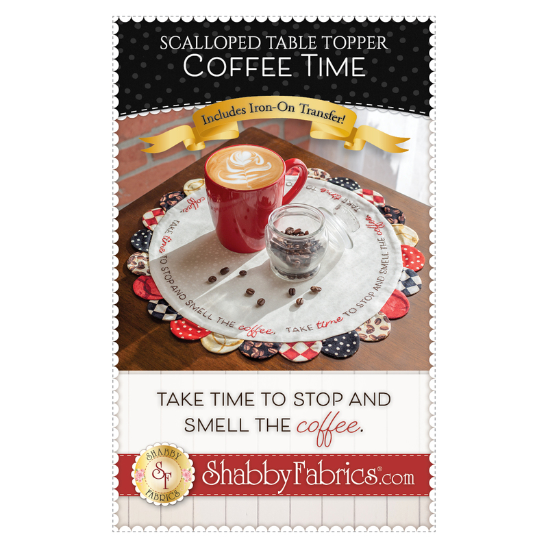 front cover of Scalloped Table Topper - Coffee Time pattern with a photo showing the finished table topper with a cup of coffee and a jar of coffee beans in the center