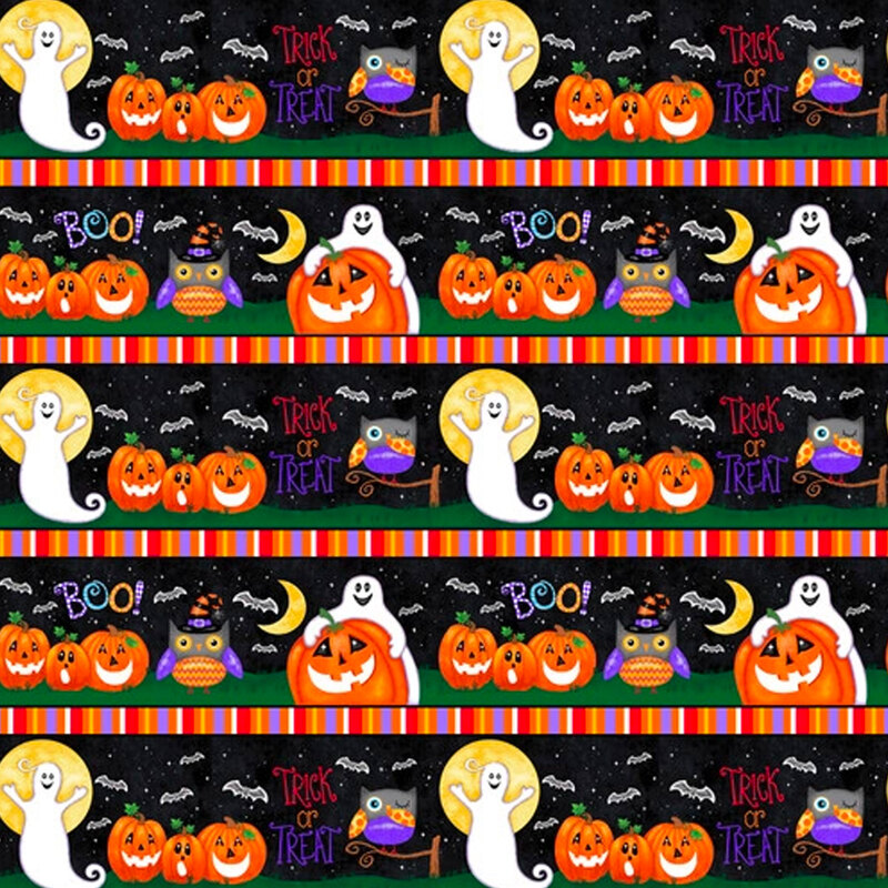 Border stripe fabric with ghosts, jack-o-lanterns, owls, moons, and more!