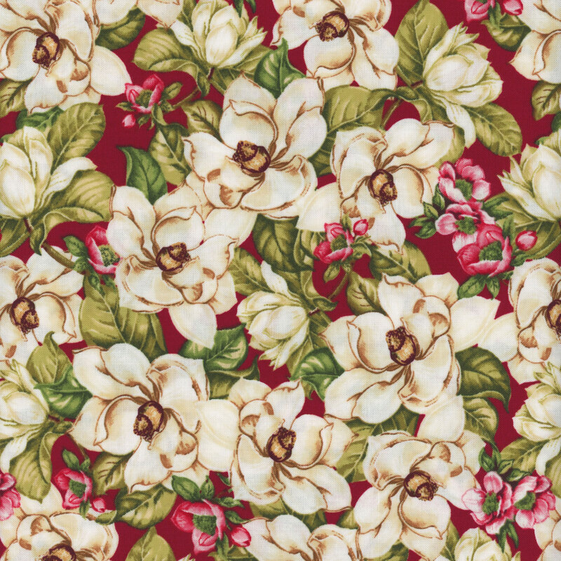 Red Christmas fabric with large cream flowers and green leaves all over
