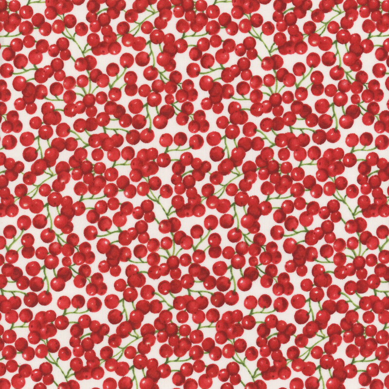 Solid white fabric with clusters of red holly berries all over