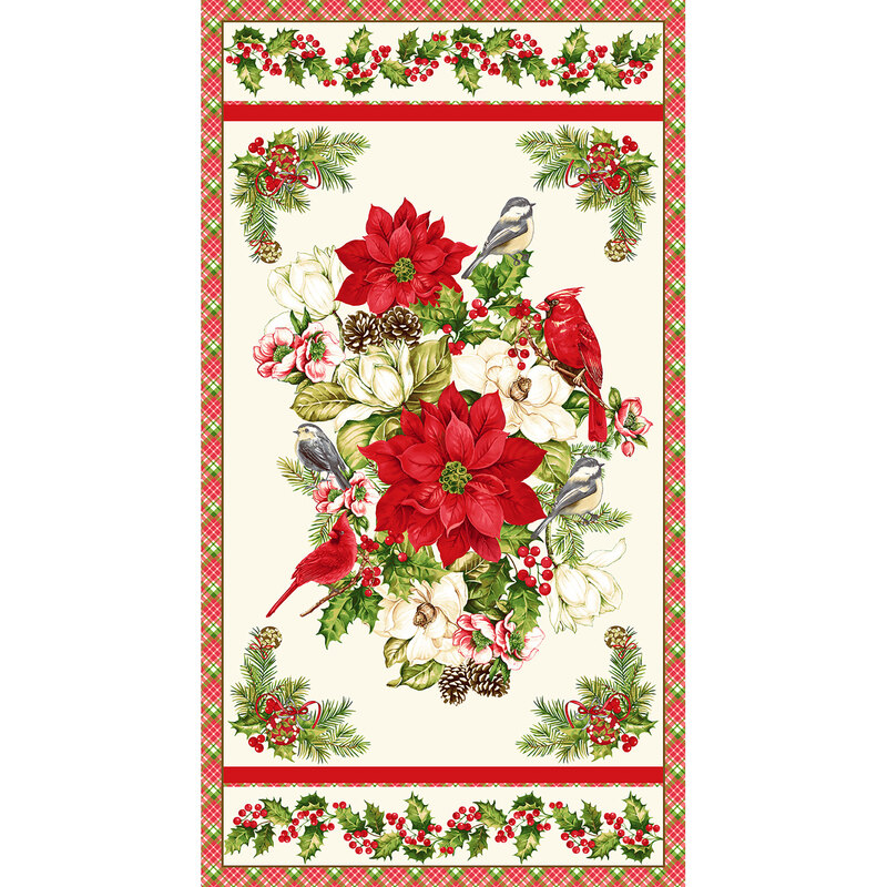 Christmas panel with poinsettias, cardinals, and holly leaves on a cream background