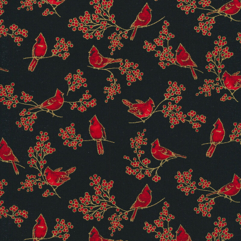 Black fabric with red cardinals and holly berries with gold metallic accents