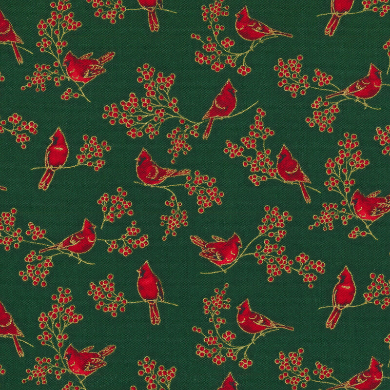 Green fabric with red cardinals and holly berries with gold metallic accents