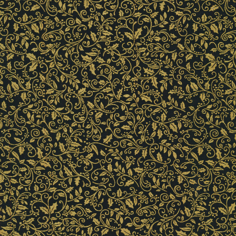 Fabric with gold metallic holly leaves and vines all over a black background