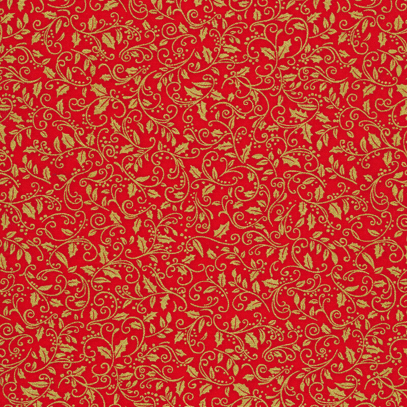 Fabric with gold metallic holly leaves and vines all over a red background