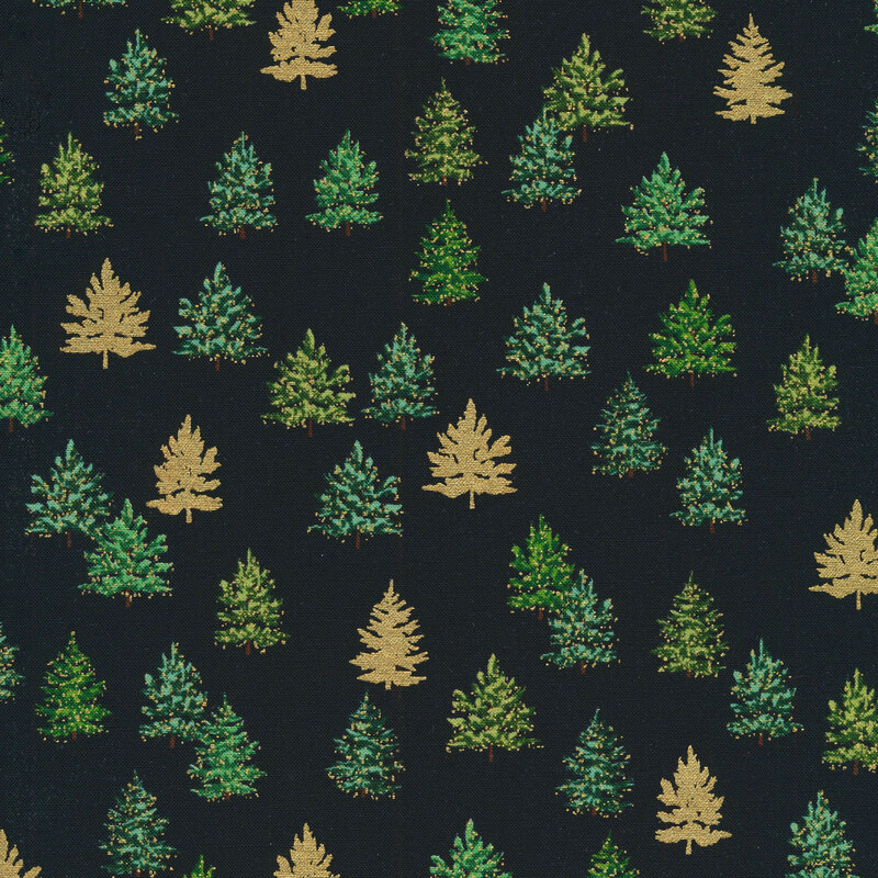 Black fabric with green and gold metallic pine trees all over