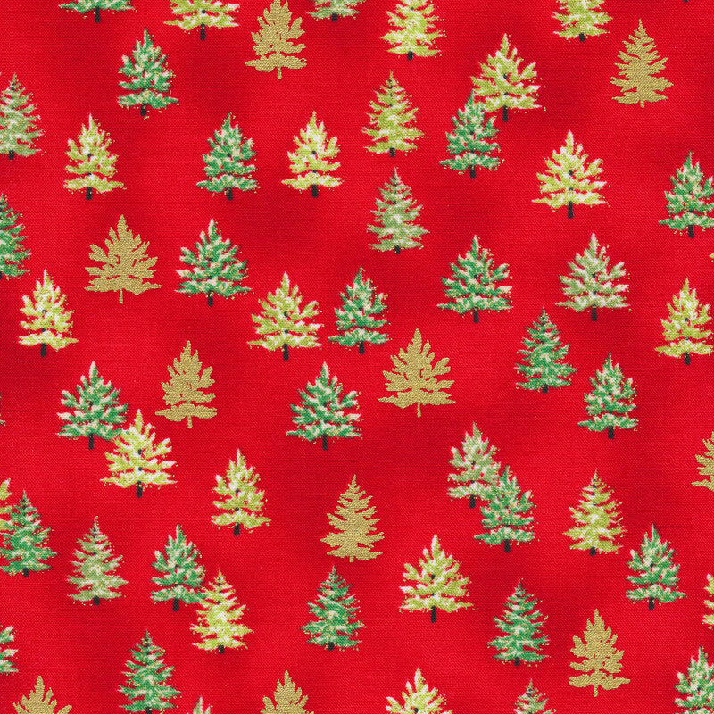 Red fabric with yellow, green, and gold metallic pine trees all over