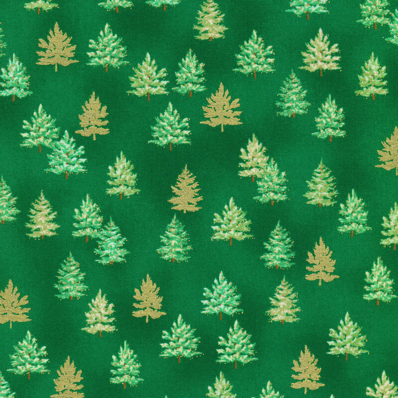 Green fabric with bright green and gold metallic pine trees all over