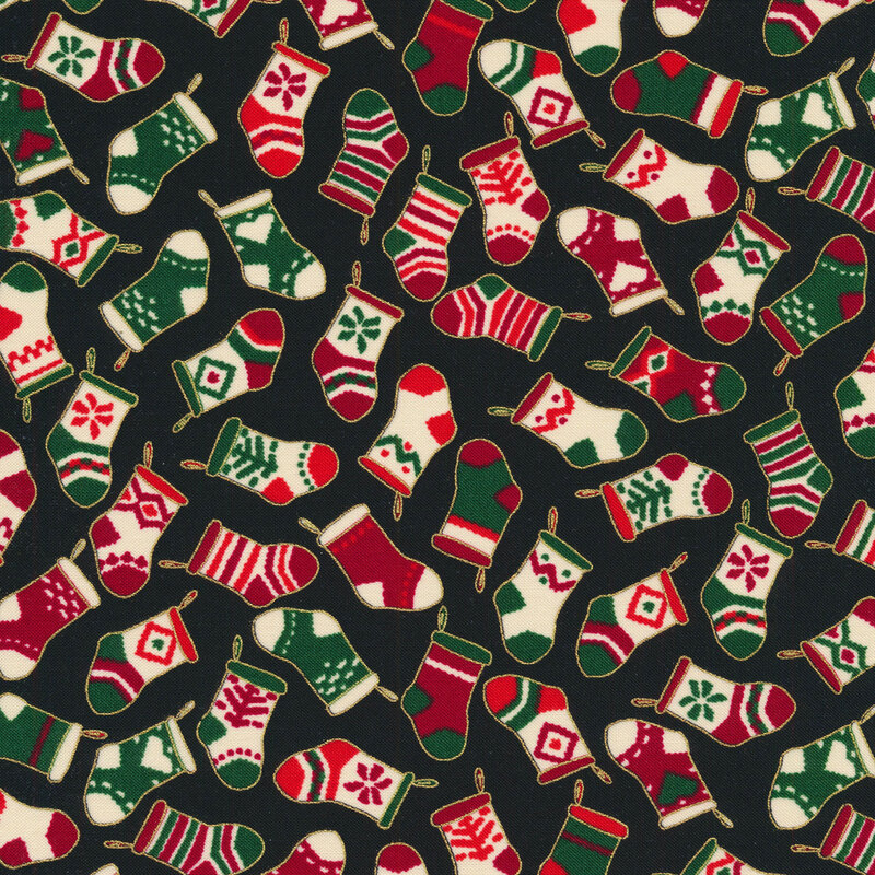 Black fabric with tossed red, cream, and green Christmas stockings with gold metallic accents