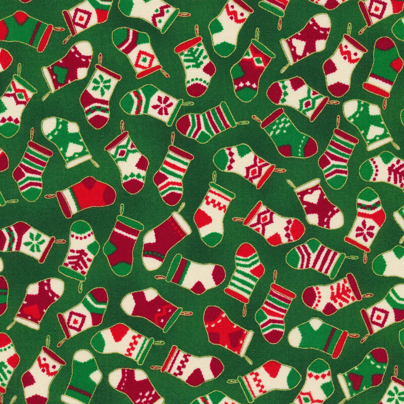 Green fabric with tossed red, cream, and green Christmas stockings with gold metallic accents