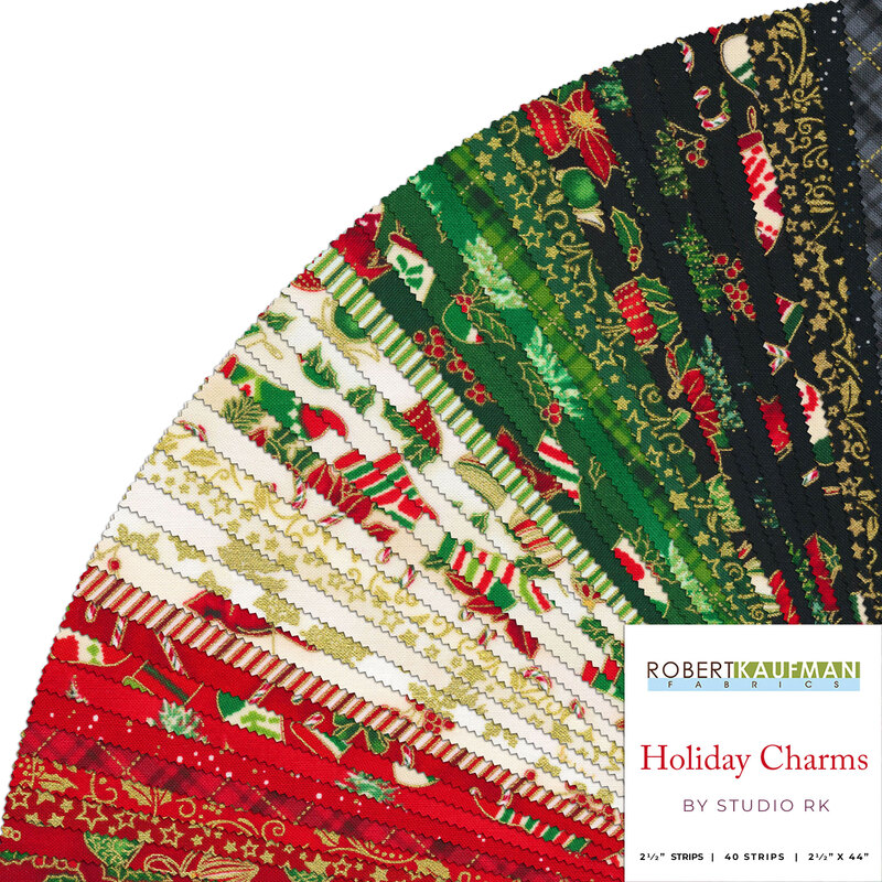 A fanned collage of metallic Christmas fabrics in the Holiday Charms 2.5