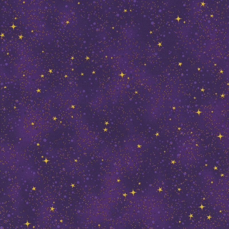 fabric featuring gold metallic stars on a royal purple background