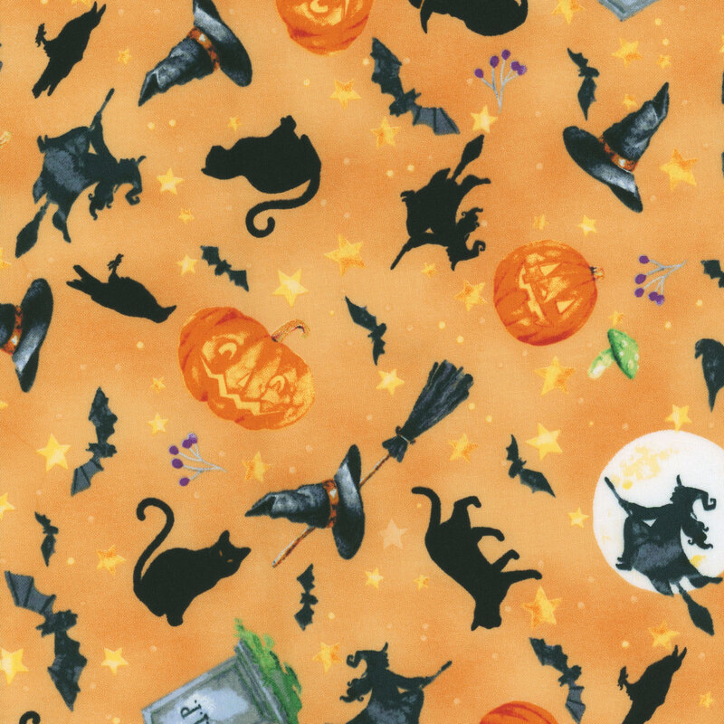 fabric featuring cats, crows, bats and pumpkins on a light orange background with golden stars