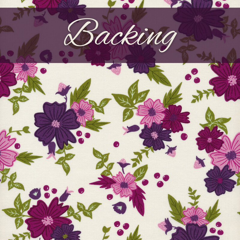 Fabric of a floral wild blossom print with leaves and berries on an off-white background and a purple banner at the top that reads 