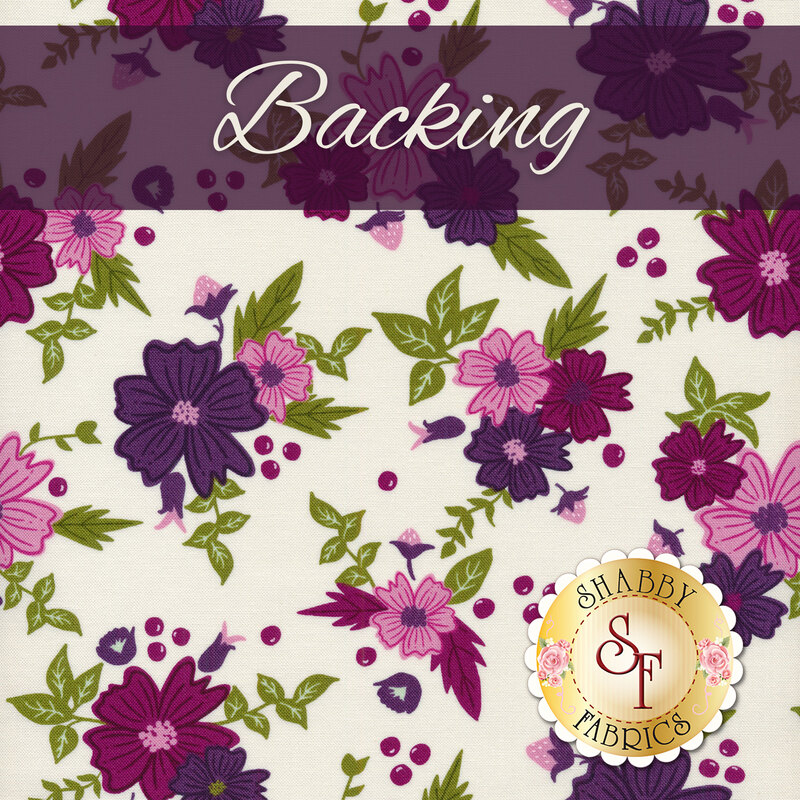 A swatch of white fabric with a floral wild blossom print with small purple berries dotted between the flowers. A dark purple banner at the top reads 