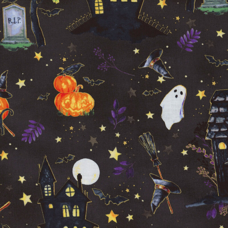 fabric featuring haunted houses, witches and ghosts on a black background