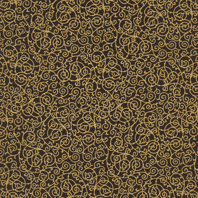 black fabric background with gold metallic scrolls