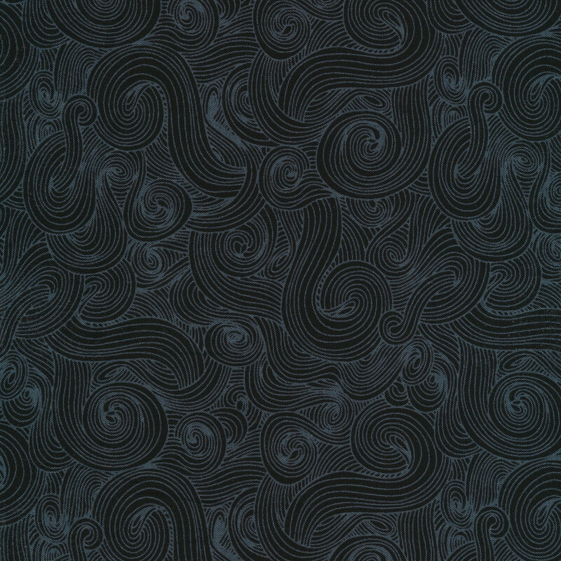 Tonal black and gray fabric with dark swirls on a lighter background 