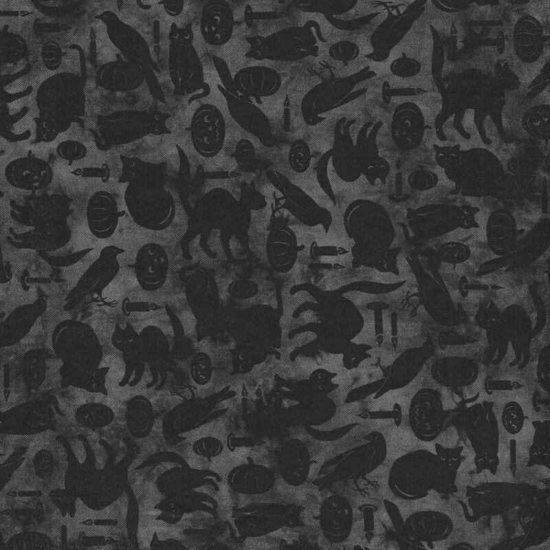 Dark charcoal fabric with black cats and jack-o-lanterns