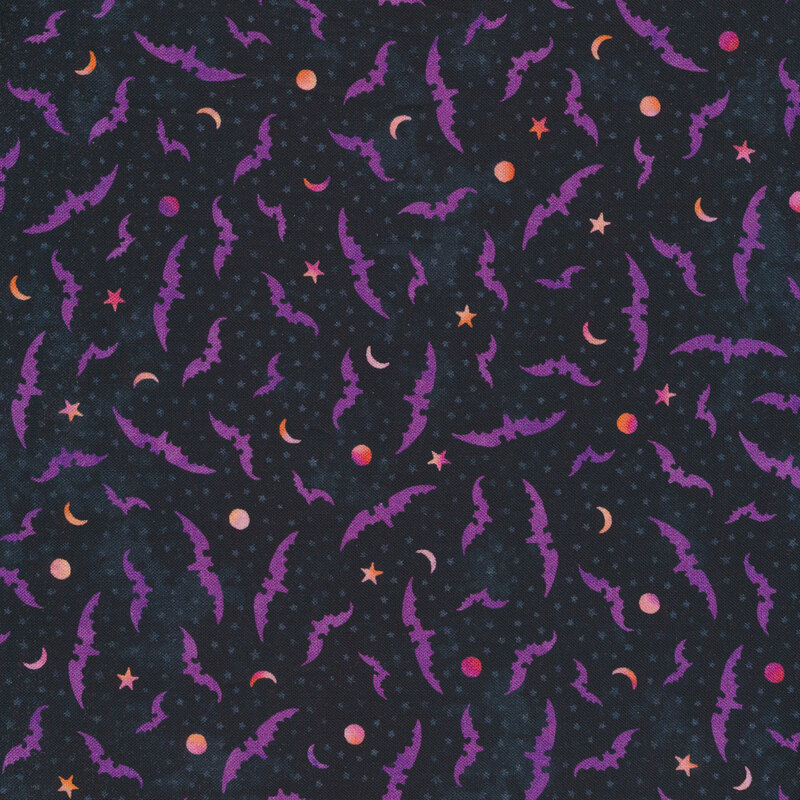 Black fabric with purple bats, orange moons, and gray stars all over