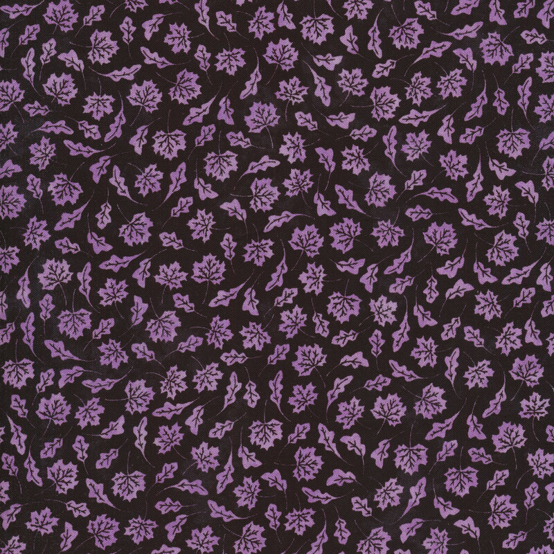 Black fabric with tossed purple leaves