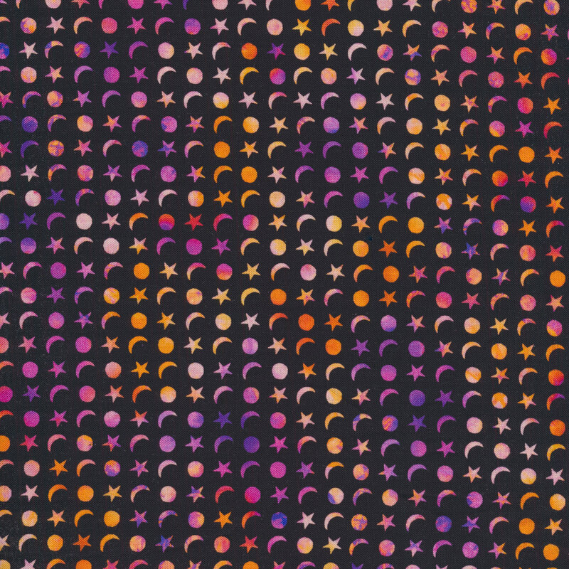 Orange, peach, and purple moons, stars, and circles on a black background