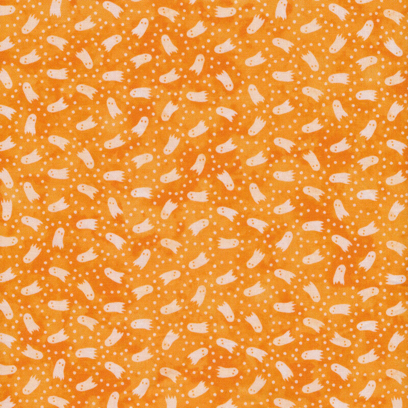 Light gray ghosts and small dots all over a bright orange background